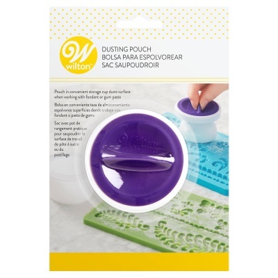 Bolsa para espolvorear Wilton em plástico branco com tampa roxa na embalagem