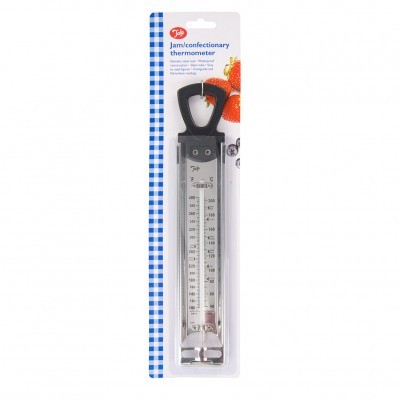 Termómetro para marmelada e confeitaria com escala de temperatura em embalagem branca com padrão azul e morangos