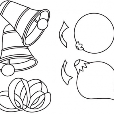 Desenho a preto e branco de sinos, fitas e bolinhas decorativas para montagem