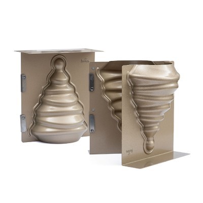 Moldes metálicos dourados para bolo em forma de cone espiral