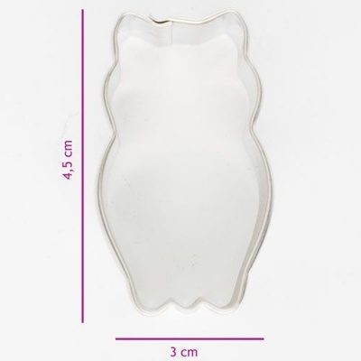 Cortador de biscoitos transparente em forma de coruja com medidas visíveis