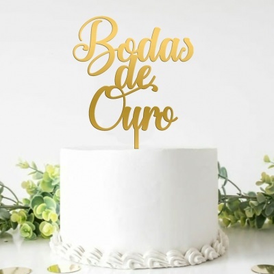 Topo Bolo Acrílico Bodas Ouro
