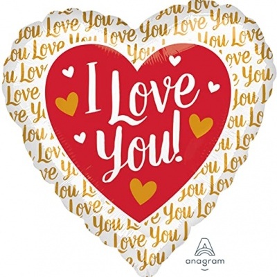 Balão de coração com texto 'I Love You!' e padrão 'Love You' em dourado