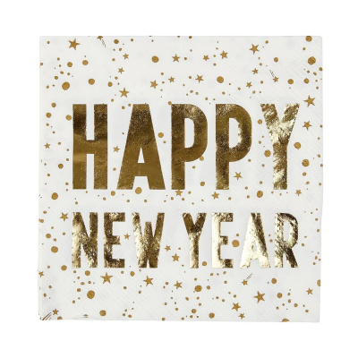 Guardanapo branco com estrelas e texto Happy New Year em dourado
