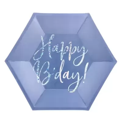 Prato hexagonal azul com texto prateado 'Happy B'day!'