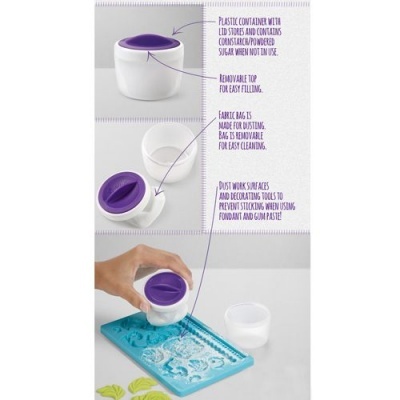 Frasco plástico branco com tampa roxa destacável e saco de tecido removível sobre superfície azul com moldes