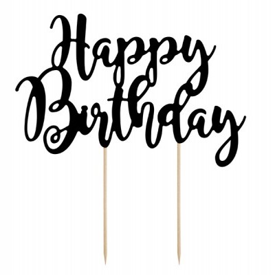 Topo decorativo para bolo preto com texto Happy Birthday