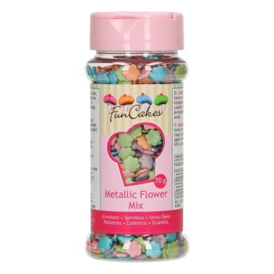Frasco com confeitos metálicos em forma de flor coloridos FunCakes