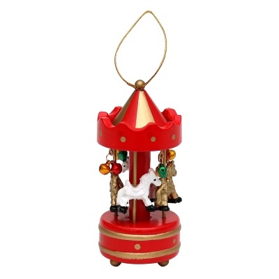 Ornamento natal carrossel madeira vermelho e dourado com cavalos e sinos