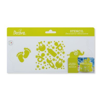 Stencil decorativo com desenhos de bebé e elefante, embalagem branca e verde da Decora