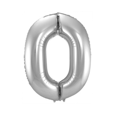 Balão metálico prateado em forma do número 0