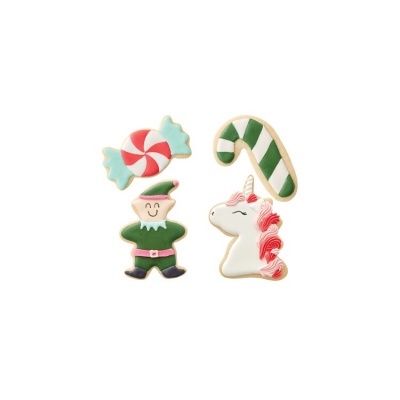 Bolachas decorativas de Natal em formas coloridas de doces, duende e unicórnio