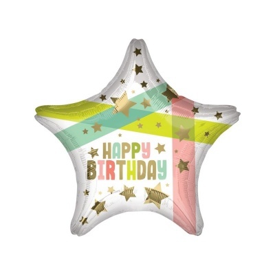 Balão Happy Birthday Gold Star & Colours Standard