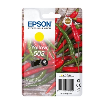 Cartucho de tinta Epson Yellow 503 com embalagem colorida e pimentos ao fundo