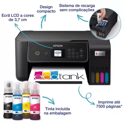 Impressora Epson EcoTank preta com garrafas de tinta coloridas e ecrã LCD