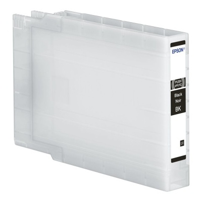 Cartucho de tinta preto Epson em plástico translúcido com rótulo branco e preto