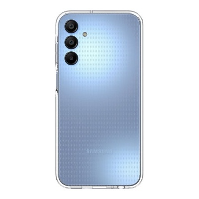Smartphone Samsung azul claro com três câmaras e capa transparente