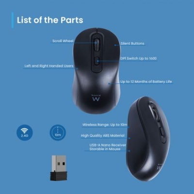 Rato sem fios preto com receptor USB-A nano