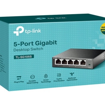 Caixa azul de switch TP-Link 5-Port Gigabit com imagem do aparelho e texto de características
