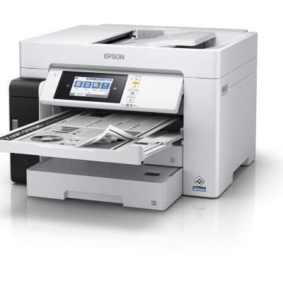 Impressora Epson multifuncional branca com ecrã tátil colorido e folhas impressas na bandeja de saída