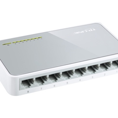 Comutador de rede TP-LINK branco com 8 portas Ethernet e luzes indicadoras amarelas