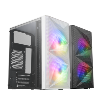 Dois gabinetes para computador branco e preto com ventoinhas RGB iluminadas