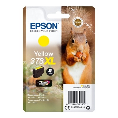 Cartucho de tinta Epson amarelo 378 XL com imagem de esquilo na embalagem