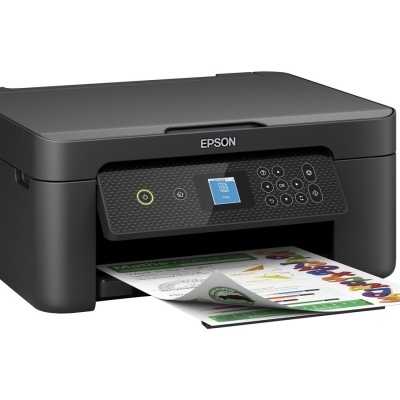 Impressora Epson preta a imprimir uma folha colorida