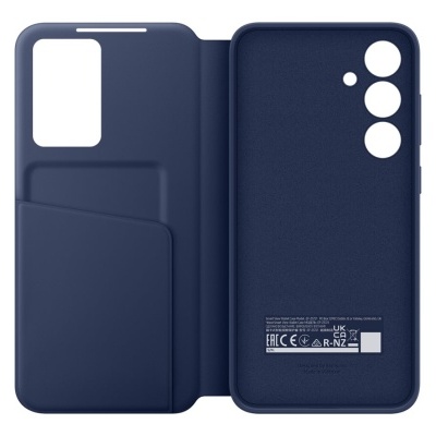 Capa azul escuro para smartphone com textura tipo pele e ranhura para cartão.