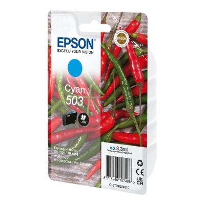 Cartucho de tinta Epson Cyan 503 em embalagem com pimentos vermelhos e verdes