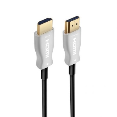 Cabo HDMI preto com conectores brancos e texto HDMI