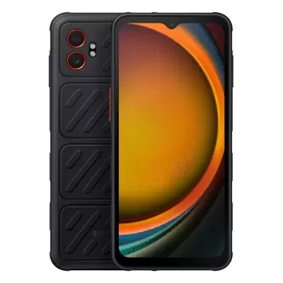 Smartphone preto com textura na traseira e ecrã grande com entalhe frontal