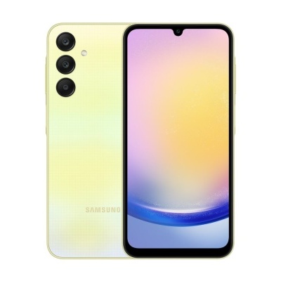 Smartphone Samsung amarelo com três câmaras traseiras e ecrã frontal grande