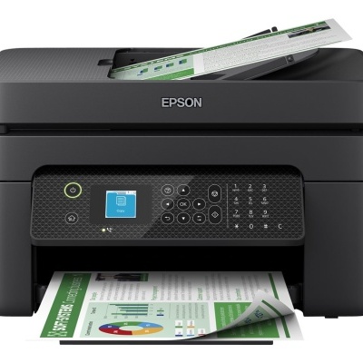 Impressora Epson multifunções preta a imprimir folhas A4 com gráficos e texto
