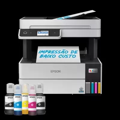 Impressora Epson multifunções com tinta e papel impresso em fundo preto