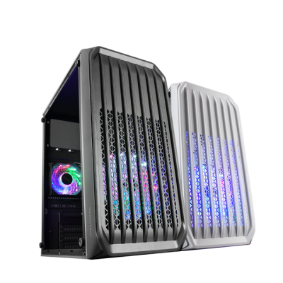 Caixas de PC torre preta e branca com ventilação vertical e iluminação LED RGB