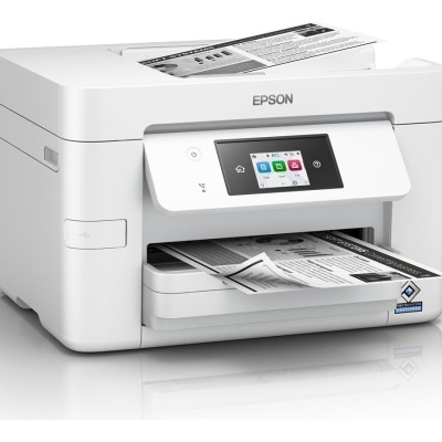 Impressora multifunções Epson branca com ecrã digital a cores e papel impresso na bandeja de saída