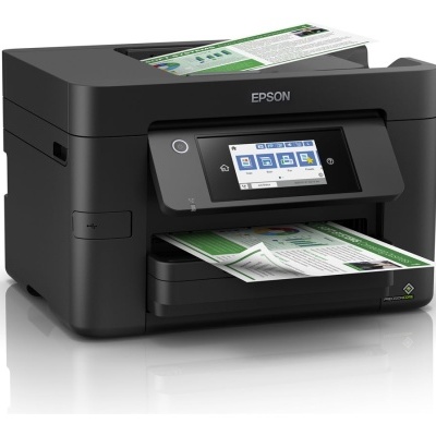 Impressora multifunções Epson preta com ecrã táctil colorido e papel a sair