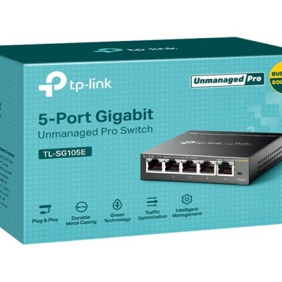 Caixa azul clara e verde do TP-Link 5-Port Gigabit Unmanaged Pro Switch com imagem do switch e texto descritivo.