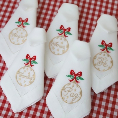 Conjunto de 5 Guardanapos Bola de Natal com Palavra