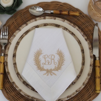 Conjunto de 4 GUARDANAPOs MONOGRAMA COROA DE LOURO E 1 ou 2 LETRAS