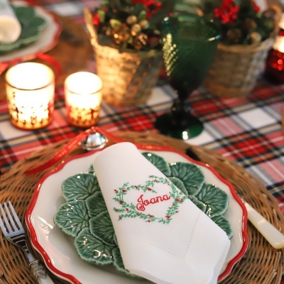 Conjunto de 4 Guardanapos Coração de Azevinho com Nome, Palavra, ou Monograma