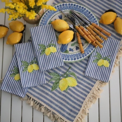 Guardanapos ou Toalha Riscas com Bordado Limões