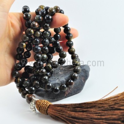 Mala Budista de Pedra Olho de Falcão 8mm - Terço Tibetano OM Mala Budista de Pedra Olho de Falcão 8mm - Terço Tibetano OM