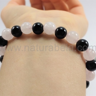 Pulseira Ágata Negra e Quartzo Rosa
