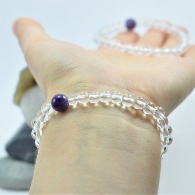 Pulseira de bolas Quartzo hialino com ametista Pulseira de bolas Quartzo hialino com ametista