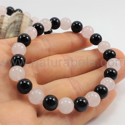 Pulseira Ágata Negra e Quartzo Rosa