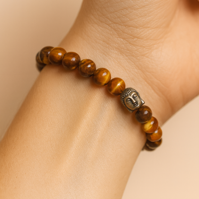 Pulseira Elástica Olho-de-Tigre com Buda (8mm)