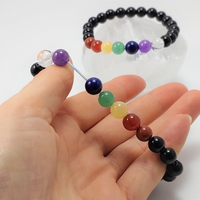 Pulseira Obsidiana negra com 7 Cristais dos Chacras Pulseira Obsidiana negra com 7 Cristais dos Chacras