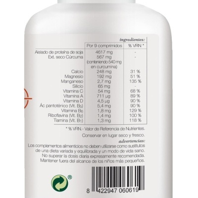 Frasco branco de suplemento alimentar com lista de ingredientes e informações nutricionais em espanhol